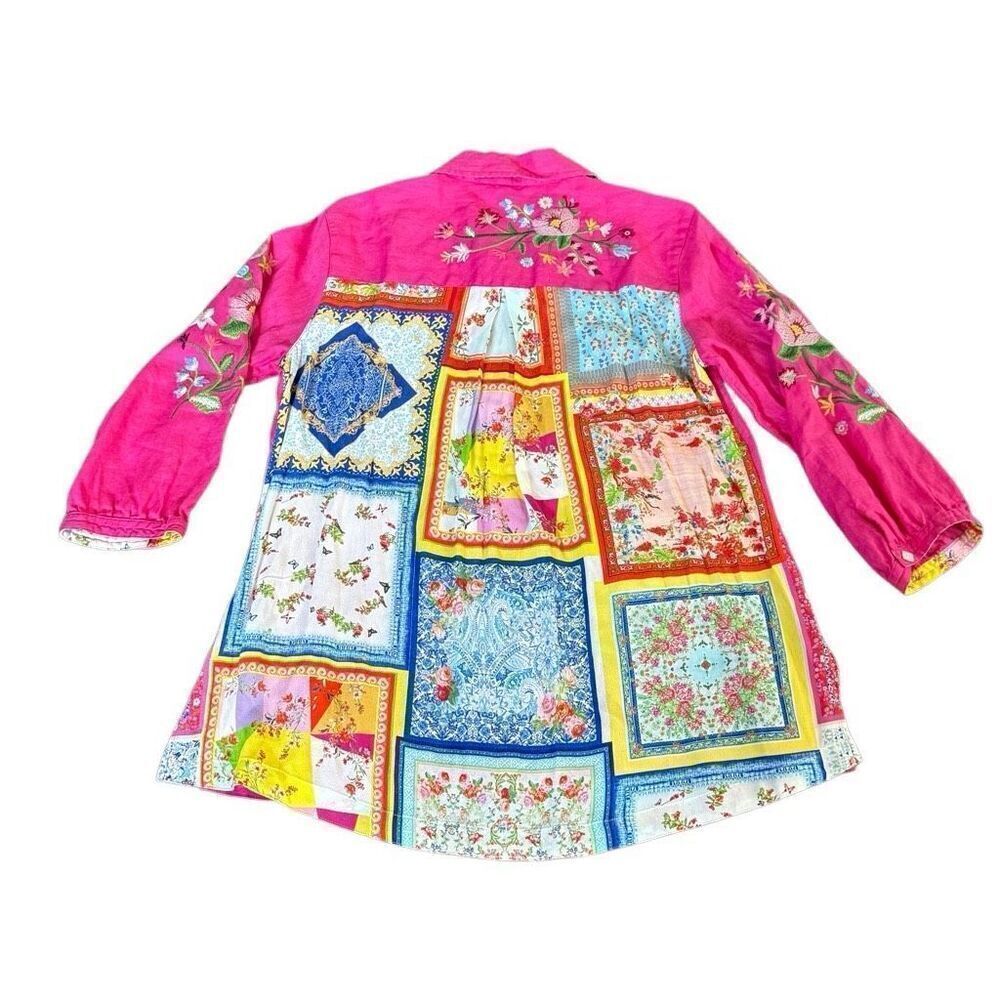 John Mark Embroidered Floral Linen Shirt 3/4 Sleeve Pink Multi Spring Summer New - Picture 5 of 12